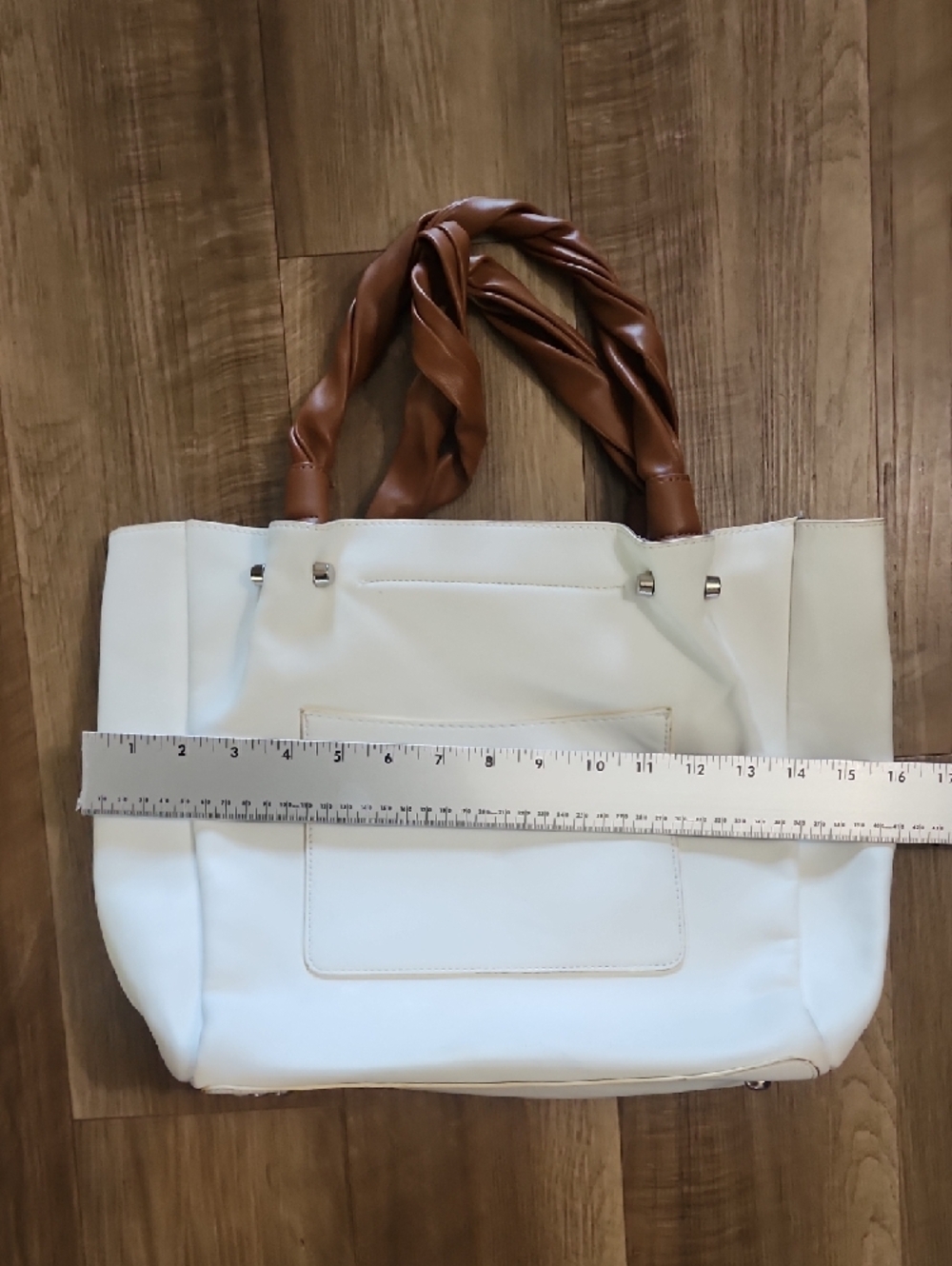 Sondra Roberts White Tote Bag Brown Braided Handles Large Minimalist Shoulder - Picture 11 of 11